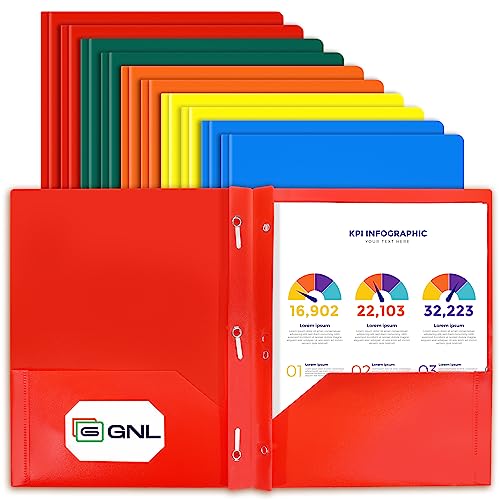 GNL Plastic Folders with Pockets and Prong, Pack of 10, Colored Heavy Duty 2 Pocket File Folders Letter Size, Folders with Prongs for School, Home, and Office