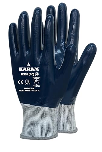 Image of Karam HS92 Nitrile Fully Coated 15 Gauge Safety Gloves | Full Hand Protection from Liquid & Oil | Abrasion Resistant Work Gloves | Size-L | Pack of 4