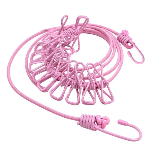 Image of Storite Cloth Drying Rope with Hooks - Elastic Hanging Rope for Travel, Home, and Outdoor Drying - Includes 12 Clips - Pink