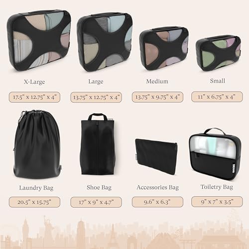 Shacke Premium 8 Packing Cubes Set - Lightweight Mesh Travel Luggage Organizers with Laundry Bag, 8-Piece Suitcase Storage System (Black) 3