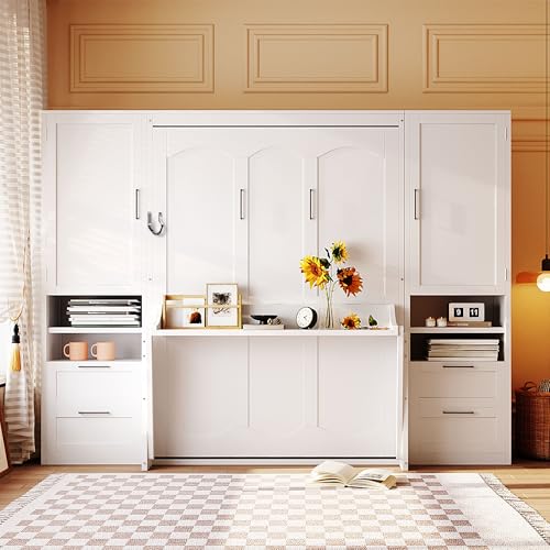 Image of Merax Full Size Murphy Bed with Desk, Closet, Drawers and Shelves, Multifunctional Foldable Wood Platform Bed Frame for Small Spaces Studio Study Office Guest Room, Space-Saving Design, White