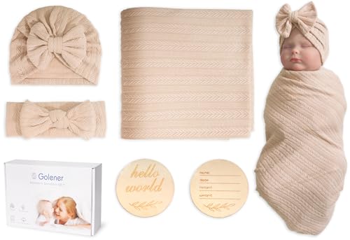 Image of Baby Swaddle Set Newborn - Receiving Headband Blankets and Bow Hat,Newborn Essentials, Soft Nursery Swaddling Blankets,Stretchy Baby Blankets for Girls and Boys Unisex(Light Brown)