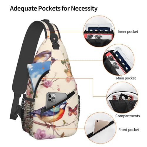 Birds On Branches And Butterflies Sling Bag Waterproof Lightweight Crossbody Shoulder Backpack Chest Bags Travel Hiking Casual Daypack For Women Men4