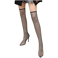 QIUTIANQ Zapatos De Mujer Sin Cordones con Tacón De Aguja En Punta Botas Estilo Calcetín De Red De Diamantes De Imitación De Color Liso Botas Altas Transparentes Bar Discoteca (Negro, 37)