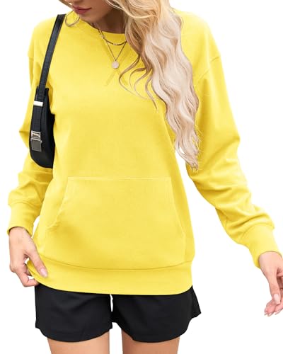 AUSELILY Crewneck Hoodless Hoodies Women Yellow Sweatshirt Kangaroo Pockets