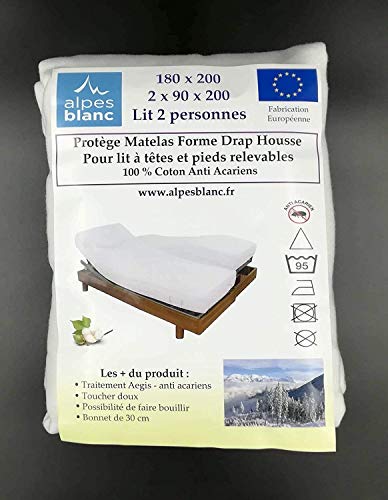 Alpes Blanc Protège Matelas 400g/m² Anti-acariens Coton spécial lit électrique 2x90x200/ Protège Matelas pour lit articulé tête et Pieds relevables 2x90x200/ pour lit TPR