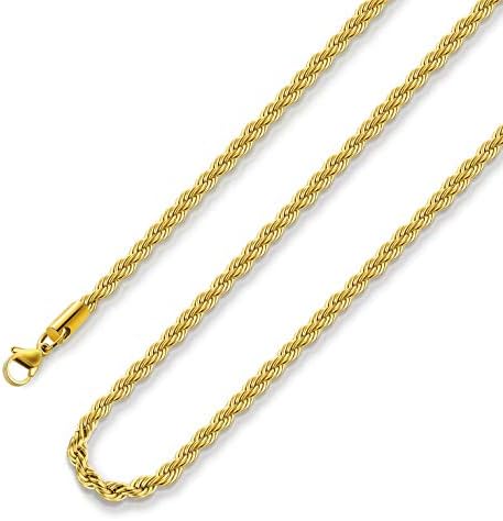Gold Plated Necklace for Men 2.5MM 18 Inches Stainless Steel Twist Rope Chain for Women Boys