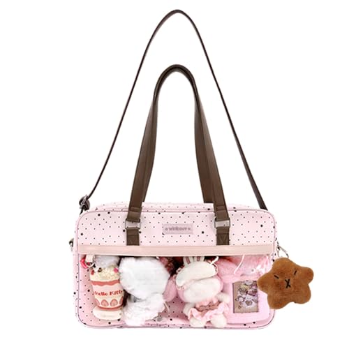Bolso tote rosa con lunares y charms de peluche miniatura 1