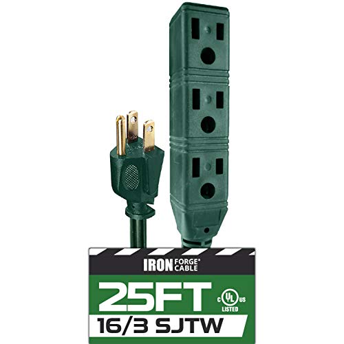 Iron Forge Cable 25 Ft Extension Cord with 3 Electrical Power Outlets - 16/3 SJTW Durable Green Cable, Great for Christmas Lights and Outside Iron Forge Cable 25 Ft Extension Cord with 3 Electrical Power Outlets - 16/3 SJTW Durable Green Cable, Great for Christmas Lights and Outside