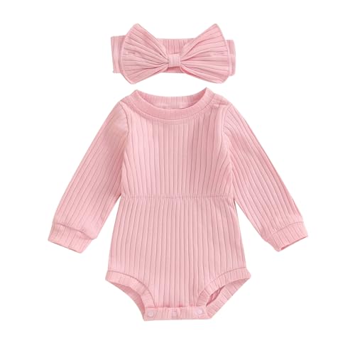 Image of FOCUSNORM Newborn Baby Girl Clothes Solid Color Ribbed Romper Long Sleeve Onesie Jumpsuit Infant Girl Fall Winter Outfits
