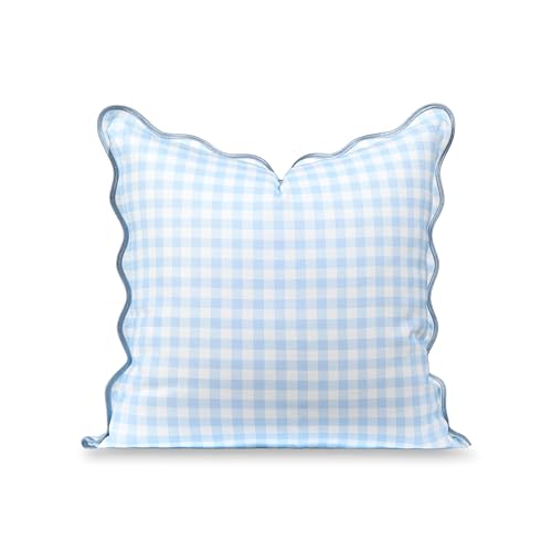 Hofdeco Premium Coastal Hampton Scalloped Patio Indoor Outdoor Throw Pillow Cover Only, 20"x20" Water Repellent for Backyard, Couch, Poolside, Baby Blue Print Gingham by Hofdeco Premium - Used condition - US$33.65