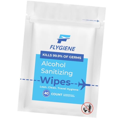 FLYGiene 40 Count Sanitizing Wipes 70% Alcohol Individually Wrapped Wet Wipes Travel Size Airplane Essentials