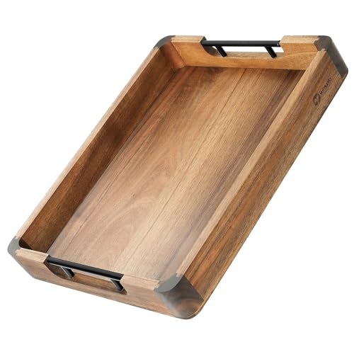 Wood Serving Tray with Handles, 17'x13' Large Decorative Ottoman Tray for Coffee Table, Walnut and Acacia Wooden Serving Trays for Party, Home Decor Rectangular Platters with 3 Silicone Mats
