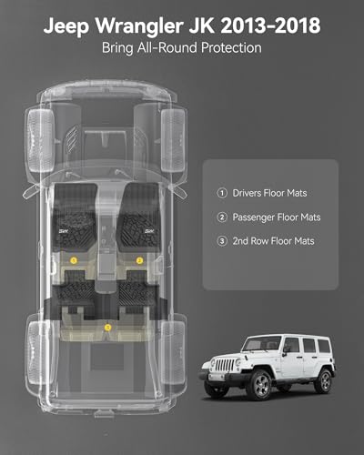 Image of 3W Floor Mats Fit for Jeep Wrangler JK 2014-2018 Unlimited 4 Door Only (Non JL or 4XE) TPE All Weather Custom Fit Floor Liner for Jeep Wrangler JK 1st and 2nd Row Full Set Car Mats, Black