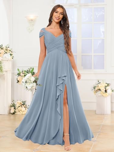 Ruffle Off The Shoulder Bridesmaid Dresses with Pockets Chiffon Long Slit Formal Evening Gown2
