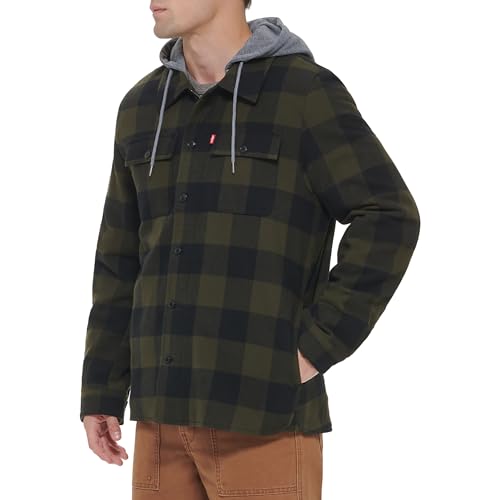 Image of Levi's mens Plaid Sherpa Lined Hooded Shirt Jacket (Regular & Big & Tall Sizes)