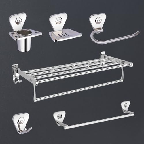 Image of USF Bath Accessories Stainless Steel Folding Towel Rack with Towel Hanger Rod, Soap Dish, Tumbler Holder, Napkin Ring, Towel Robe Hook Bathroom Accessories Combo Set of 6 Pcs