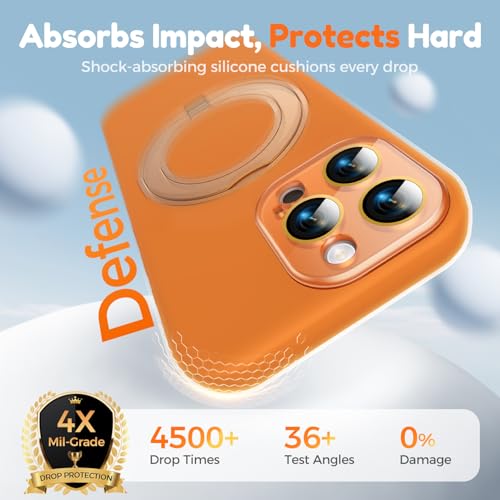 Image of Silicone 360 Spin Magnetic Stand Case for iPhone 16 Pro Max, [Compatible with Mag-Safe][Reinforced Hard Camera Protection] Liquid Silicone Rubber Phone Cover with Ring, Camera Button, Orange