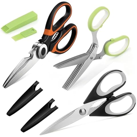Serrated Kitchen Shears + Poultry Shears + 5-Blade Herb Scissors (Pack of 3) Multifunctional Kitchen Shears with Sheath, Stainless Steel Kitchen Scissors for Chicken Meat & Herb, Dishwasher Safe Cover