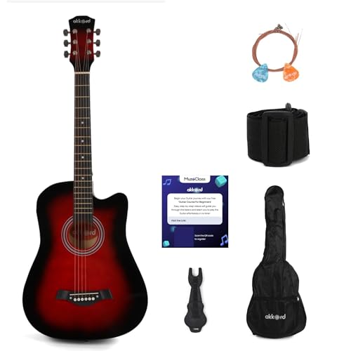 Image of AKKORD Basswood 38 Inch Acoustic Cutaway Guitar Kit With Gigbag, Strings, Picks, Strap And Key - Glossy Red | Kit For Beginners With Free Course