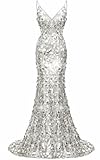 Big Sequin Mermaid Prom Dresses 2026 Sparkly Spaghetti Straps Formal Dress V Neck Sexy Elegant Evening Party Gowns for Women Silver 8
