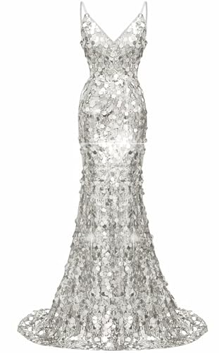 Big Sequin Mermaid Prom Dresses 2026 Sparkly Spaghetti Straps Formal Dress V Neck Sexy Elegant Evening Party Gowns for Women Silver 8