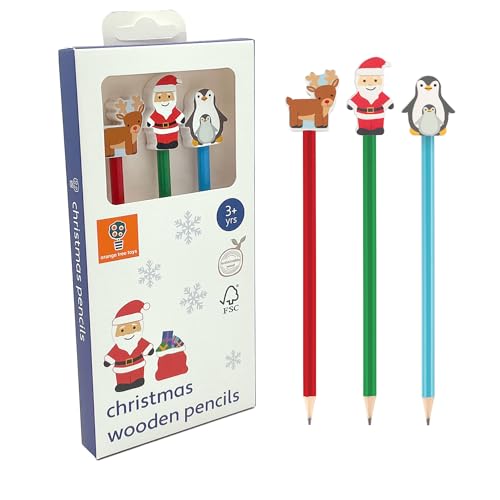 Orange Tree Toys 3 x Christmas Novelty Pencils for Kids - Wooden Kids Pencils, Funky Pencils for Children - Bulk Pencils for Party Bags, Easy Grip Pencils for Kids, Toddlers, Pack of Pencils