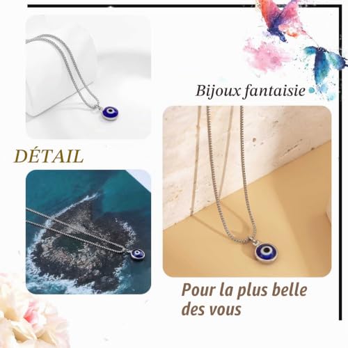 Inateannal Collier mauvais œil pour femmes boîte en argent chaîne collier tour de cou bleu diable œil pendentif collier chaîne turc porte-bonheur déclaration collier bijoux – vue 6