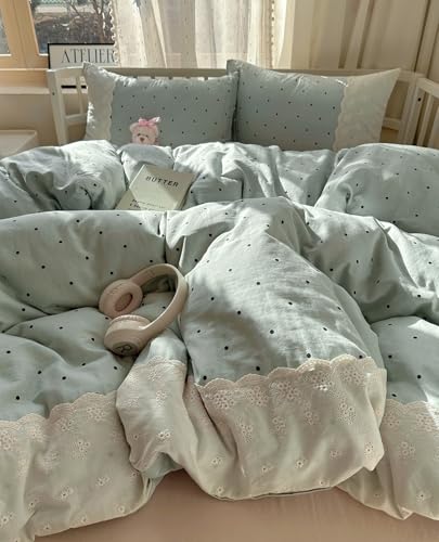 Image of VM VOUGEMARKET Sage Green Bedding Set Twin 3 Pieces Black Dots Duvet Cover Set with Lace Edge-Soft Microfiber Princess Style Comforter Cover for Teen Girls-68x86 Inch