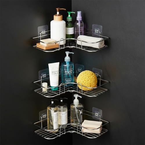 Image of Amazon Basics Self-Adhesive Corner Shelf | No-Drill, Wall-Mounted Organizer for Bathroom, Kitchen & Living Room - Premium Rust Proof GI Metal, 27 x 27 x 6 cm, Chrome, Pack of 3