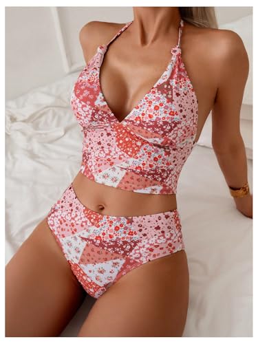 Women's 2 Piece Floral Tankini Swimsuits Halter V Neck High Waisted Bathing Suits2