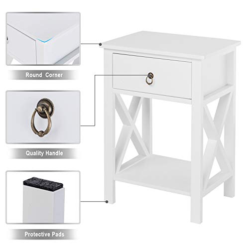 Image of Bonnlo White Nightstand Set of 2, Night Stand Set of 2 with Drawer, Farmhouse Nightstand, End Table /Bed Side /White Side Table for Small Spaces, Kids Room, Bedroom