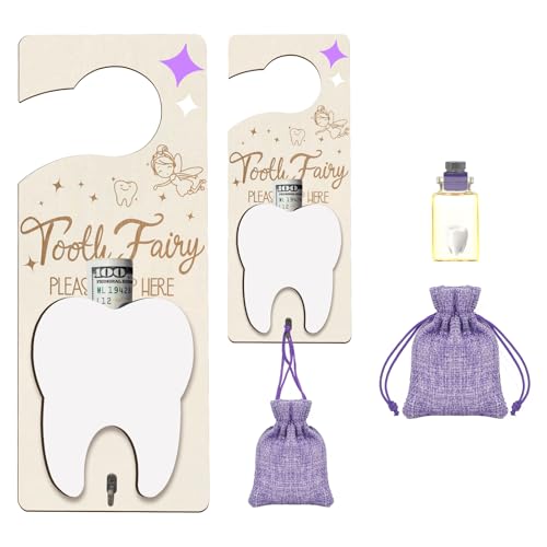 Tooth Fairy Door Hanger with Money Slot Keepsake Bottle Burlap Pouch &amp; Upgrade Night Light, Cute Wooden Tooth Fairy Holder Kit for Lost Teeth Kids Children Boys Girls Encourage Gift (Purple)