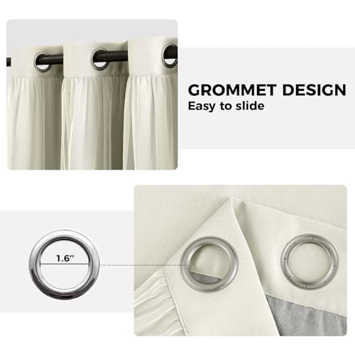 Image of 100% Blackout Curtains for Bedroom, Double Layer Ivory Curtains, Black Out Curtain 72 inch Long with Sheer Overlay for Living Room, Room Darkening Window Drapes with Grommet, 52 inch W x 72 inch L