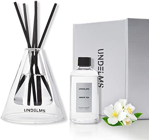 UNDELMS Reed Diffuser Set, 6.7 fl oz White Tea Home Fragrance, Natural Alcohol Free & Long Lasting Essential Oil, 6 Rattan Sticks and Hand Blown Glass Vessel for Living Room, Bathroom, Office…