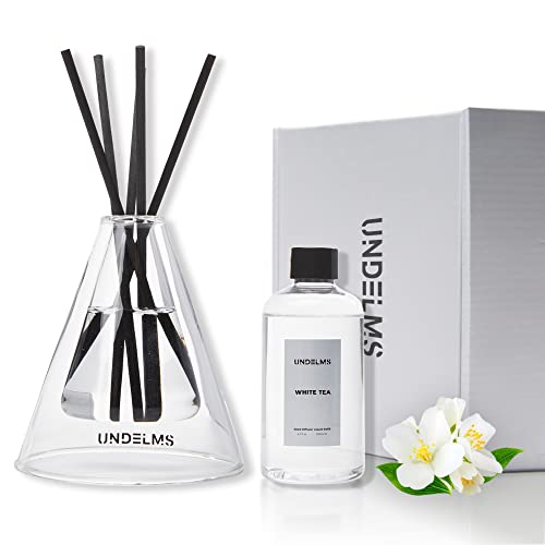 Undelms Reed Diffuser Set, 6.7 Fl Oz White Tea Home Fragrance, Natural Alcohol Free & Long Lasting Essential Oil, 6 Rattan Sticks And Hand Blown Glass Vessel For Living Room, Bathroom, Office… #TOP4