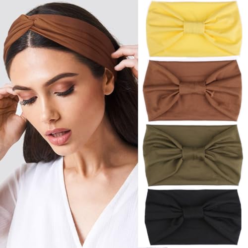 Kachanaa 4 Pack Wide Non-Slip Boho Women's Headband - Elastic Large African Turban Headwrap Ideal for Yoga, Workouts, Running - Non-Slip Design for Black Women
