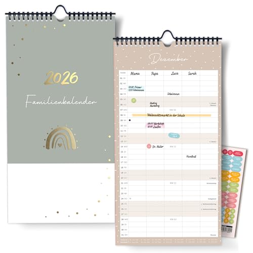 Familienplaner 2026 mit 5 Spalten als Wandkalender in Grau [Blattgold] I OKT 25 - DEZ 26 I 22 x 43 cm I Familienkalender Wand I Monatskalender mit Ferien- und Feiertagen Stundenplänen uvm...