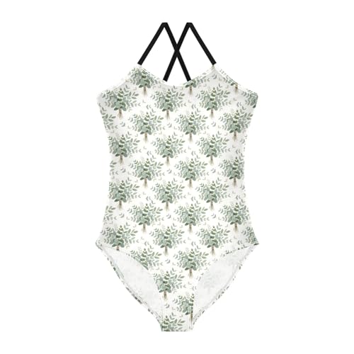 senya Girls Swimsuits One-Piece Swimwear Tie Bathing Suit Beach Summer Round Neck 4T Eucalyptus Leaves Pattern