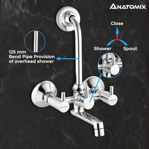 Image of ANATOMIX Slim Brass Wall Mixer for Bathroom with Stainless Steel 125mm Long L-Bend Provision for Overhead Shower, Chrome Finish (Bath Mixer System)