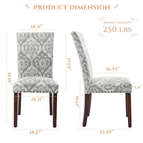 Image of Parsons Dining Chairs Set of 4, Upholstered Nailhead Dining Room Kitchen Side Chair with Thick Cushions and Wood Legs, White /Grey