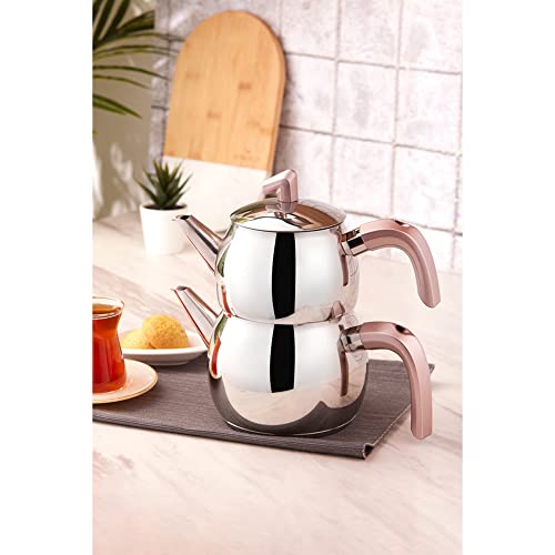 Karaca Belinay Teapot Set, Medium,18/10 Stainless Steel, Turkish Tea Set, Tea Maker, Teapot & Lid (1L 2.2Lb) Tea Kettle (1.6L 3.5Lb), Tea Sieve, Turkish Tea Maker, Double Teapots, Pink #TOP2