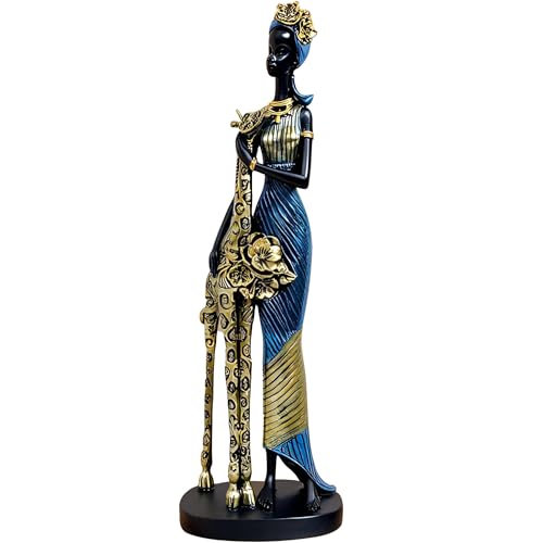 Estatua Africana Tribal Lady y Jirafa 15.7 pulgadas miniatura 1