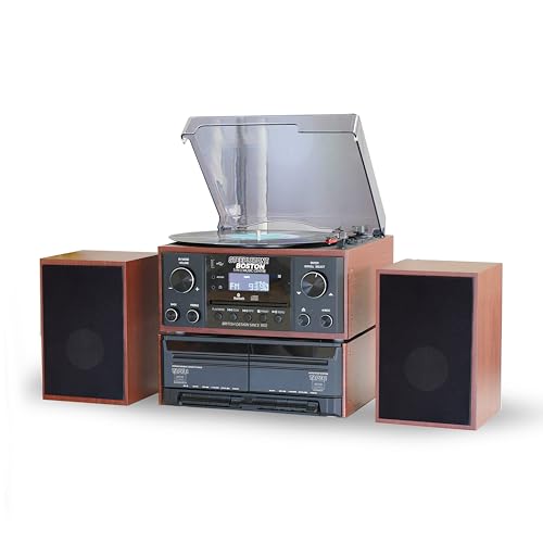 Steepletone BOSTON XP Black 5 in 1 Music Centre High Power Stereo Speakers Bluetooth Vinyl Record Player Turntable with CD Cassette FM Radio and Aux USB MP3 playback & Encoding Remote Control