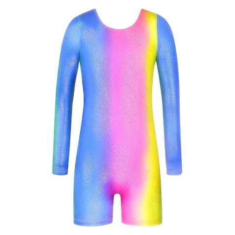 Nymphperi Girls Gymnastics Leotards Size 4-5t Shiny Colorful Stripes Long Sleeve Gym Outfits with Shorts Cover