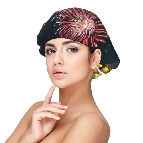Gorro de dormir de satén para adultos, diseño de fuegos artificiales, gorro elástico para dormir, ajustable, para peinados, color negro