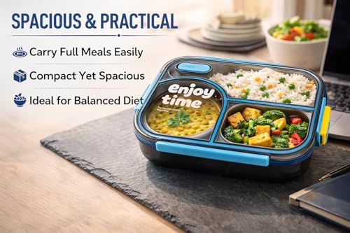 Image of Premium Stainless Steel Bento Lunch Box | Leakproof 3 Compartment Tiffin Container with Secure Lock Lid | BPA-Free Food Storage Box for School, Office & Travel (with Spoon Fork Set)