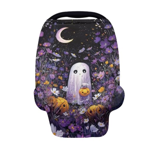 Image of Wanyint Baby Car Seat Cover High Chair Canopy Shopping Cart Cover Soft Breathable Baby Breastfeeding Protector for Breastfeeding Mothers Halloween Decora, Cute Ghost Floral Purple