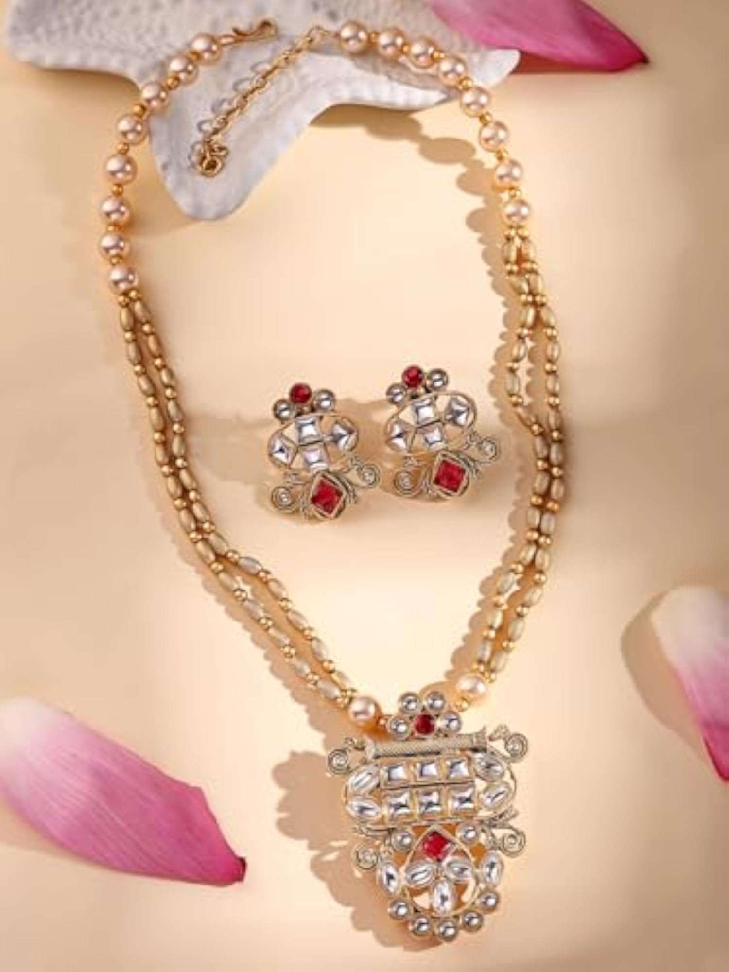22K Gold-Plated Kundan Ruby Stone with Pearl & Beads Handcrafted Jewellery Set