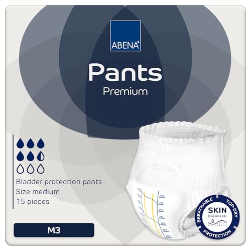 Abena Pants Premium Pull-Up Incontinence Pants, Eco-Labelled Incontinence Pants for Men & Women, Discreet, Protective, Breathable, Comfortable, Medium 3, 80-110cm Waist, 2400ml Absorbency, 15PK